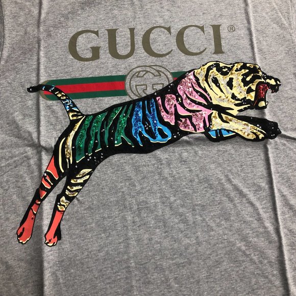 Gucci Oversized Cotton Gray T-shirt with Sequin Tiger NEW WITH TAGS - Picture 2 of 3